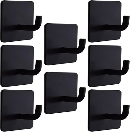 Adhesive Hooks Heavy Duty 8 Pack Stainless Steel Wall Hooks No Drill, Waterproof Bathroom Towel Hooks, Removable Sticky Hooks for Kitchen Shower Door Bedroom – 15 lbs Max, Matte Black