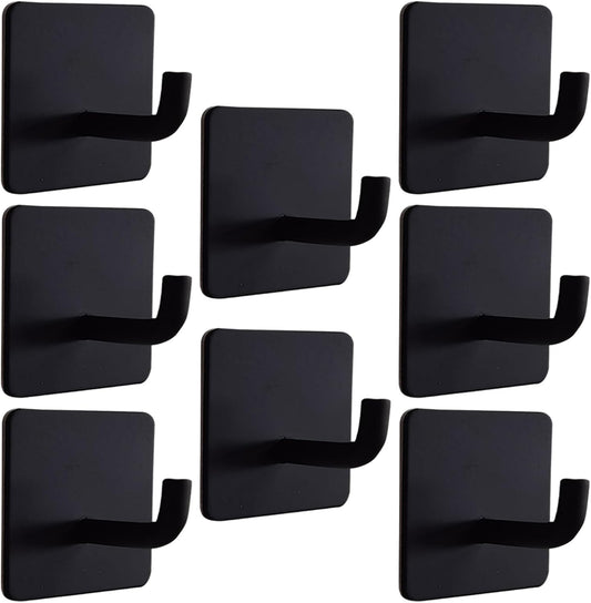 Adhesive Hooks Heavy Duty 8 Pack Stainless Steel Wall Hooks No Drill, Waterproof Bathroom Towel Hooks, Removable Sticky Hooks for Kitchen Shower Door Bedroom – 15 lbs Max, Matte Black