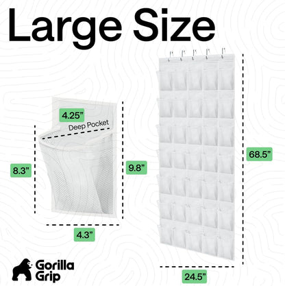 GORILLA GRIP Over the Door Shoe Organizer, 24 Large Breathable Mesh Pockets, Space Saving Hanging Storage Holder, Closet Rack Hanger Holds Up to 40 lbs, Hangs on Closets for Shoes, Accessories, Grey