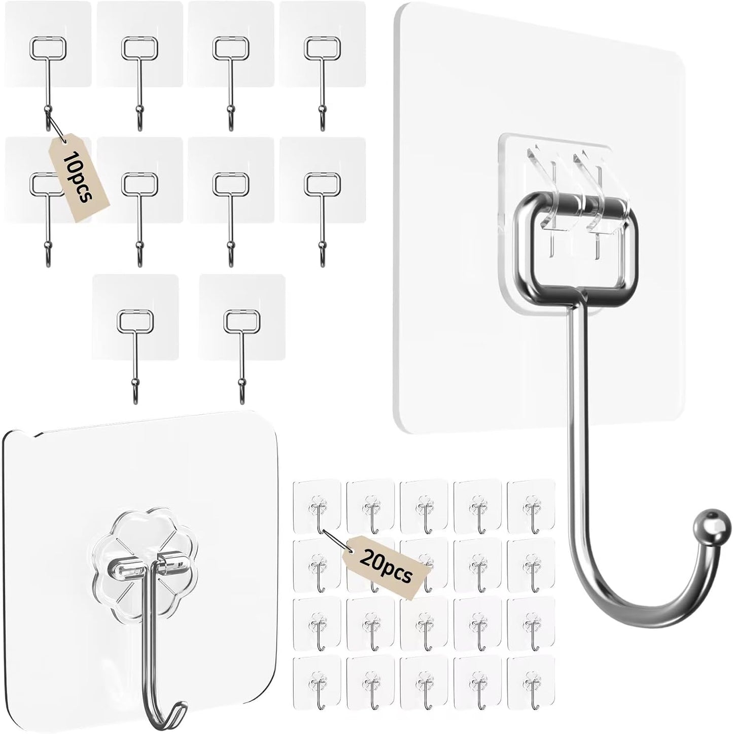 Ninth Five 30Pack Adhesive Hooks Set, Stainless Steel Clear Sticky Hooks, Heavy Duty Wall Hooks for Home Kitchen, Bathroom, Door, 20 Small 33lb & 10 Large 44lb Waterproof Utility Hooks