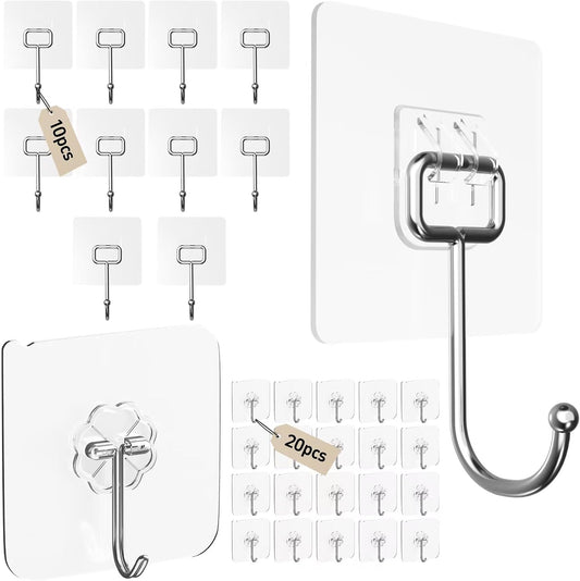 Ninth Five 30Pack Adhesive Hooks Set, Stainless Steel Clear Sticky Hooks, Heavy Duty Wall Hooks for Home Kitchen, Bathroom, Door, 20 Small 33lb & 10 Large 44lb Waterproof Utility Hooks