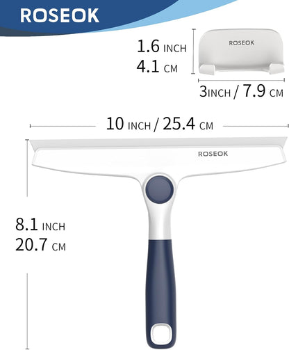 ROSEOK All-Purpose Silicone Squeegee for Shower Glass with Adhesive Hook, Pivoting Head, 10 Inch, Navy Blue, 1 Pack