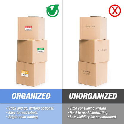Moving Labels (3 x 2 inch, 300 per Pack) Ideal for 1-2 Bedroom Homes - 10x Designs of Color-Coded Moving Stickers w/Write-in Area, Fragile, Heavy & Blank Labels