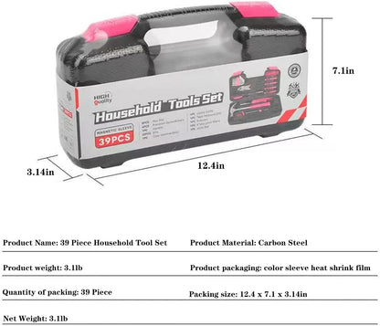 39 Pcs All Purpose Basic Household Pink Tool Kit for Women - Small Tool Set with Toolbox Great for Home, Garage, Office and College Dormitory Use