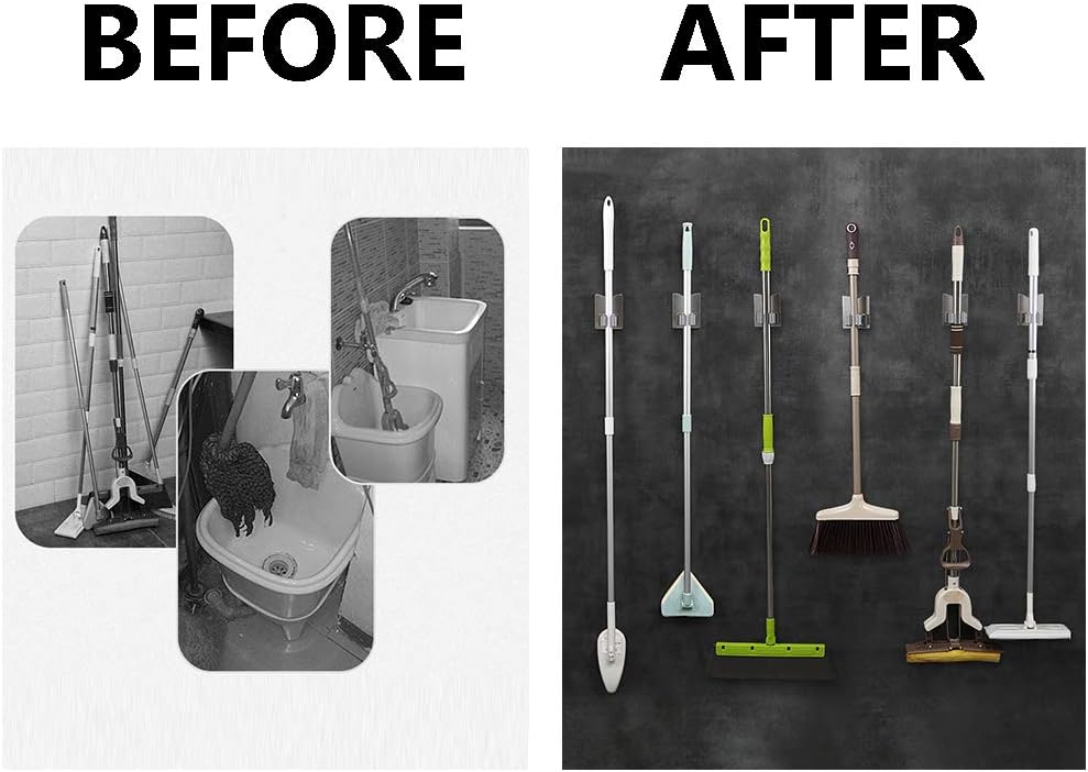 HANZE 2 Pack Stainless Steel Mop Broom Holder Organizer, Self Adhesive Wall Mounted Mop Organizer Storage Rack Clip for Kitchen Bathroom and Garage (Rectangle, Large)