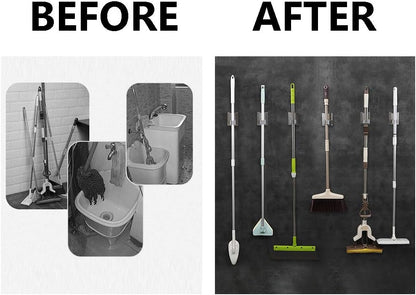 HANZE 2 Pack Stainless Steel Mop Broom Holder Organizer, Self Adhesive Wall Mounted Mop Organizer Storage Rack Clip for Kitchen Bathroom and Garage (Rectangle, Large)