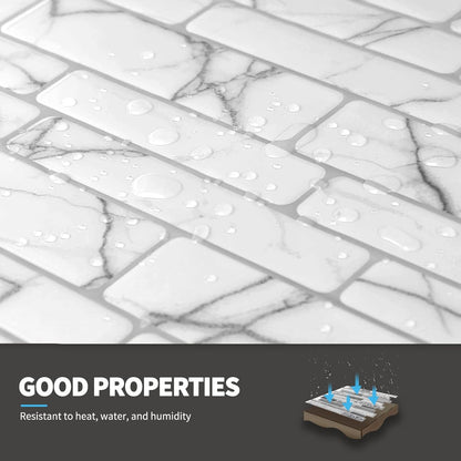 Art3d 10-Sheet Premium Stick On Kitchen Backsplash Tiles, 12"x12" Peel and Stick Self Adhesive Wall Tiles, White Marble Design