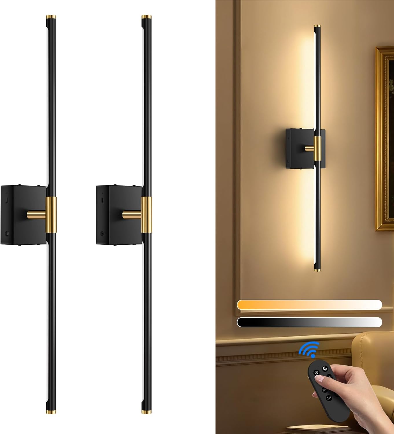SAIMAND Wall Sconces Set of 2 Battery Operated, Wireless USB Rechargeable Wall Lights with Remote Control, 360° Rotation, 8000mAh LED Dimmable Picture Lamp for Living Room,Bedroom,Hallway (30in Black)