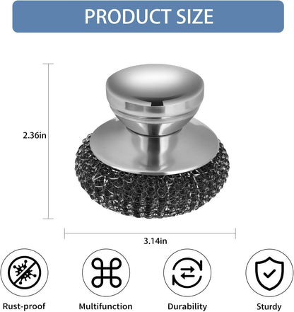 4Pcs Steel Wool Scrubber Set, Stainless Steel Scrubber with Stainless Steel Handle, for Cleaning Dishes, Cast Iron, Stock Pots, Pans, Griddles, Grills
