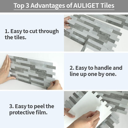 AULIGET 20 Sheets Peel and Stick Backsplash, Black & Grey Wood Look PVC Mixed Metal Stick on Backsplash Tiles for Kitchen