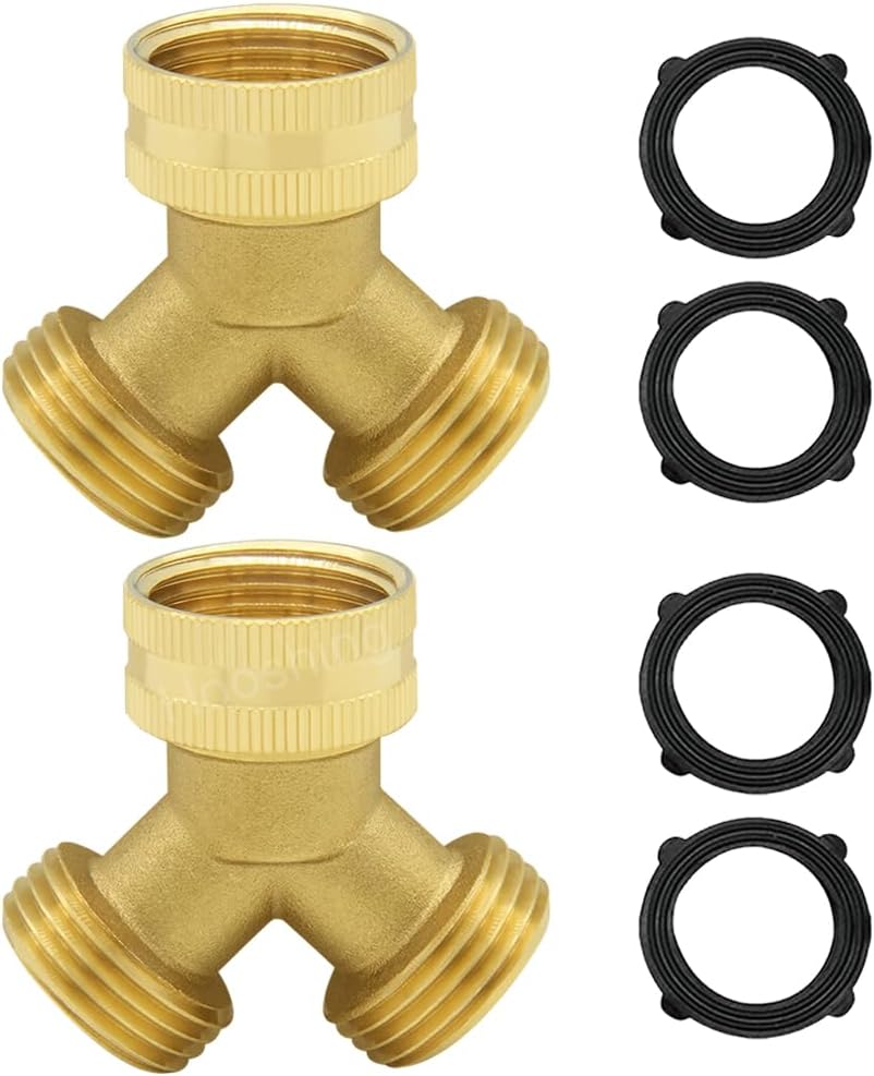 Hooshing Garden Hose Splitter 2 Way 3/4" GHT Hose | Heavy Duty Brass, Y Swivel Connector, with Washers, Outdoor Faucet, Watering