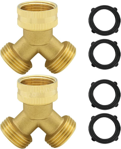Hooshing Garden Hose Splitter 2 Way 3/4" GHT Hose | Heavy Duty Brass, Y Swivel Connector, with Washers, Outdoor Faucet, Watering