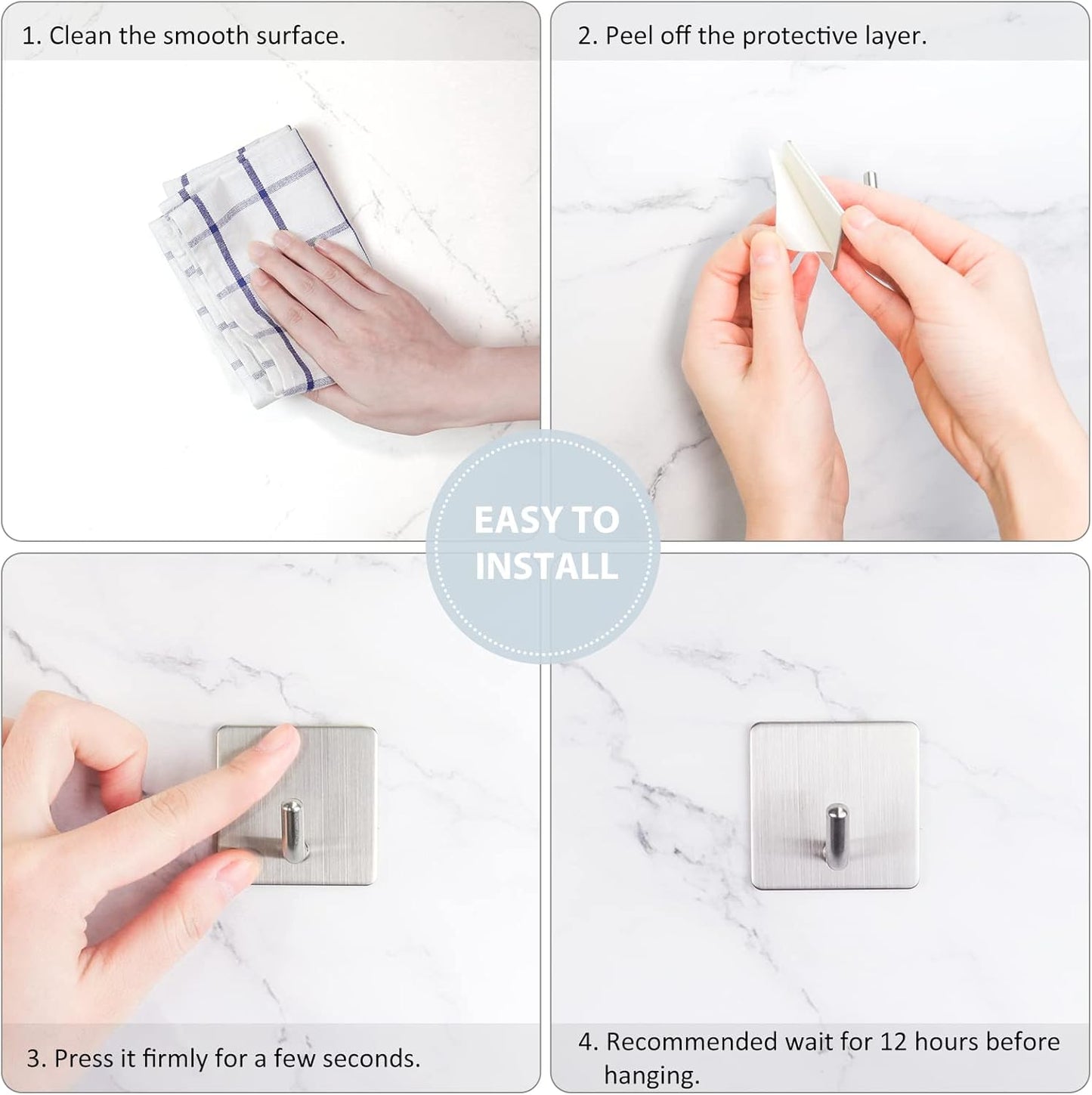 VIS'V Adhesive Hooks, Heavy Duty Shower Wall Stick on Hooks, Waterproof, 2 Extra Adhesive Strips, Black, 4 Pcs