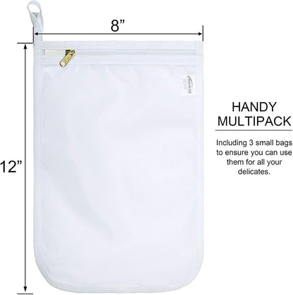 TENRAI Delicates Laundry Bags, Bra Fine Mesh Wash Bag for Underwear, Lingerie, Bra, Pantyhose, Socks, Use YKK Zipper, Have Hanger Loops, Small Openings (White, 3 Small)