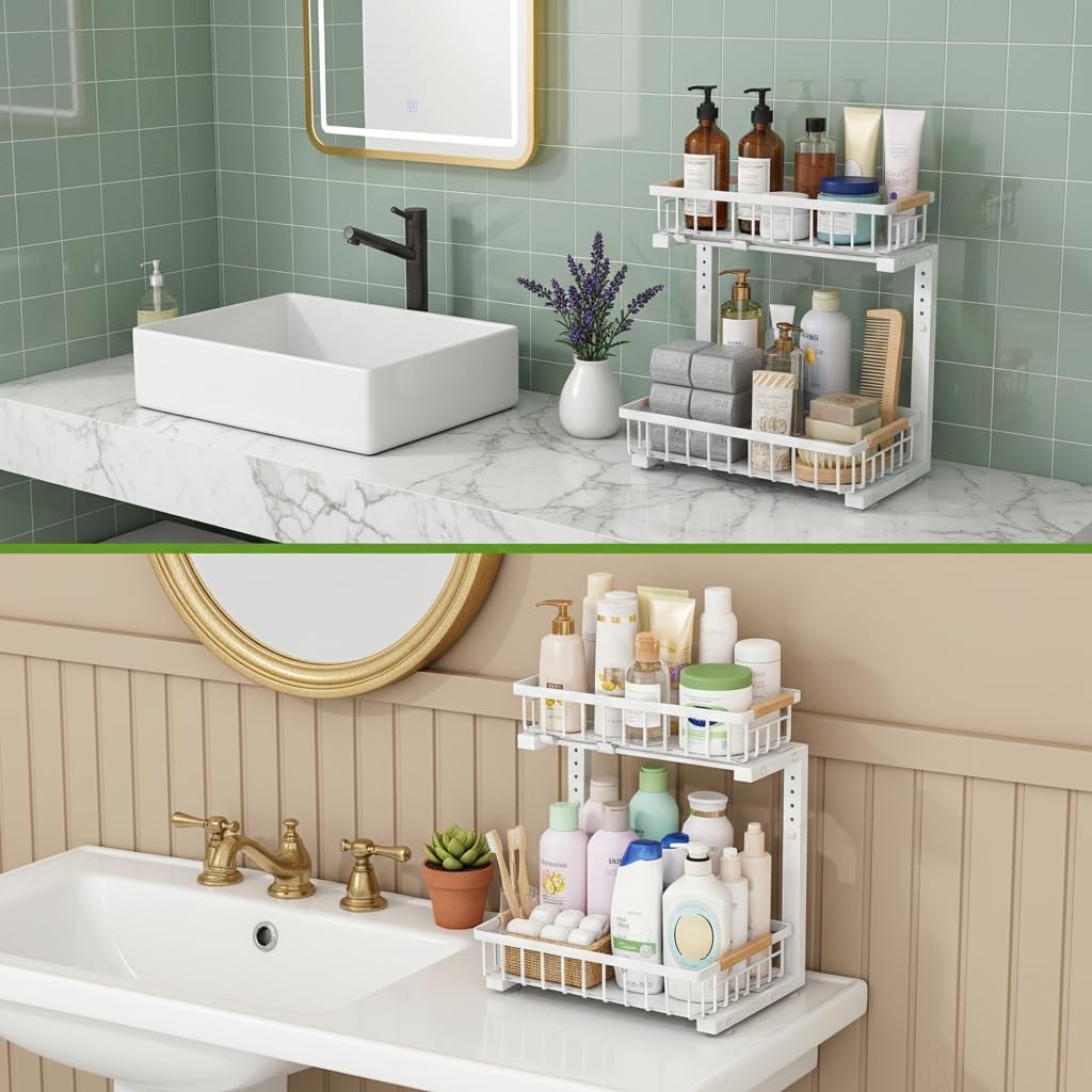 Under Sink Organizer, Pull Out Kitchen Storage Cabinet Organizer, 2-Tier Metal Slide Out Shelf for Bathroom Laundry Kitchen Storage with Drawers, 11.8"W x 15.9"D x 13.8-16.9"H, White, 2 Pack