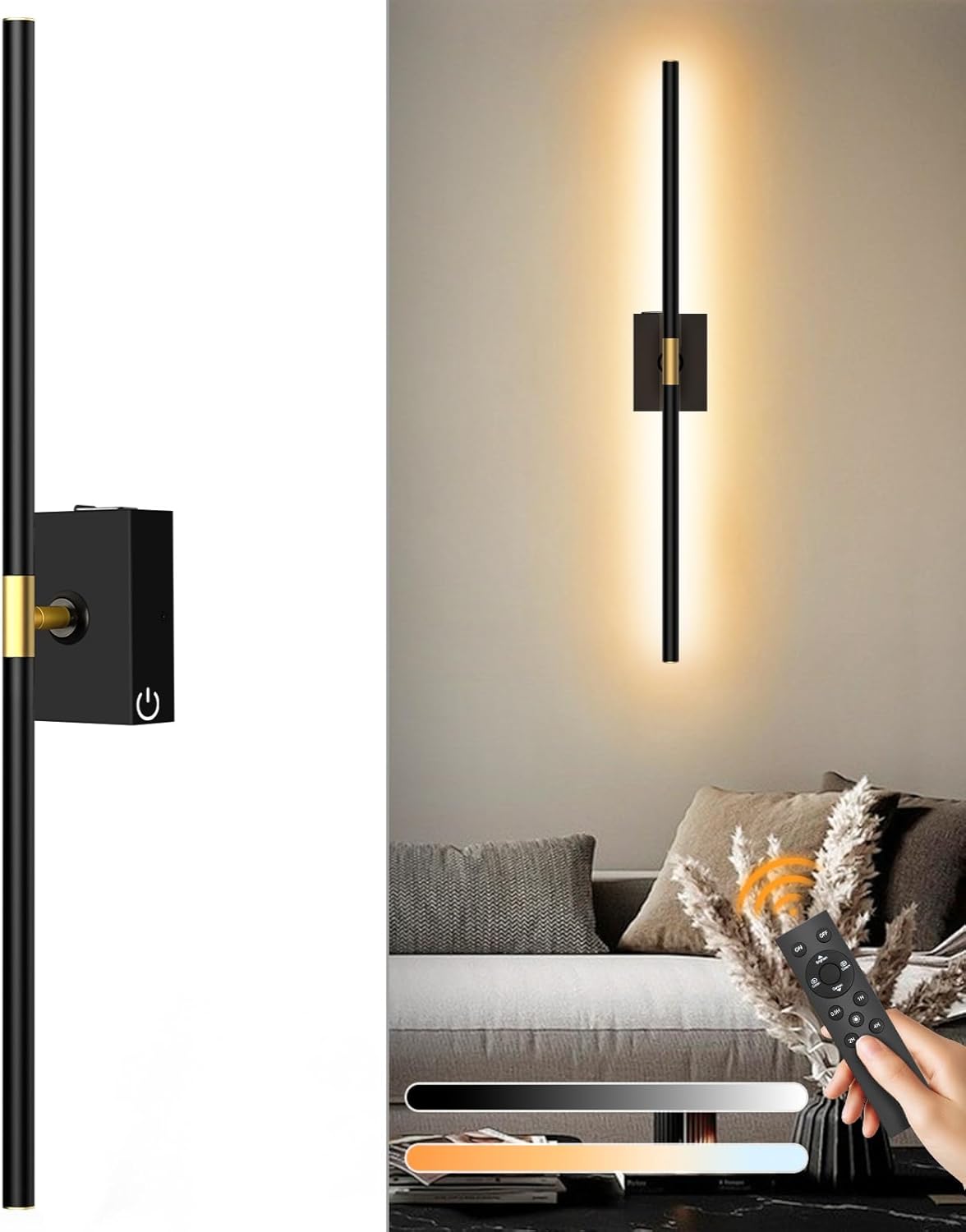 Eneru Battery Operated Wall Sconce Lights - 10000mAh Rechargeable Wireless Wall Sconces Set of Two with Touch and Remote, 360° Rotate, 4 Colors LED Wall Lamp for Living Room Bedroom Hallway (Gold)