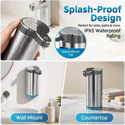 Automatic Foaming Soap Dispenser,Touchless Foam Soap Dispenser,12oz Rechargeabled Wall Mounted Smart for Bathroom and Kitchen Dish Soap,Easy for Toddlers（Brushed Silver）