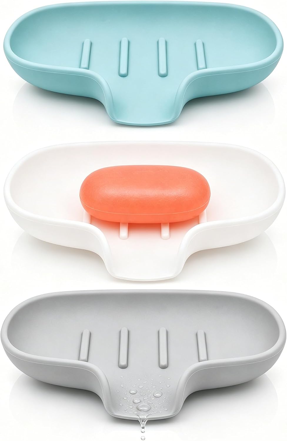 3 Pack Silicone Soap Dish with Drain, Bar Soap Holder for Shower/Bathroom, Self Draining Waterfall Soap Tray/Saver for Kitchen, Keep Soap Dry, Easy to Clean