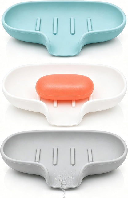 3 Pack Silicone Soap Dish with Drain, Bar Soap Holder for Shower/Bathroom, Self Draining Waterfall Soap Tray/Saver for Kitchen, Keep Soap Dry, Easy to Clean