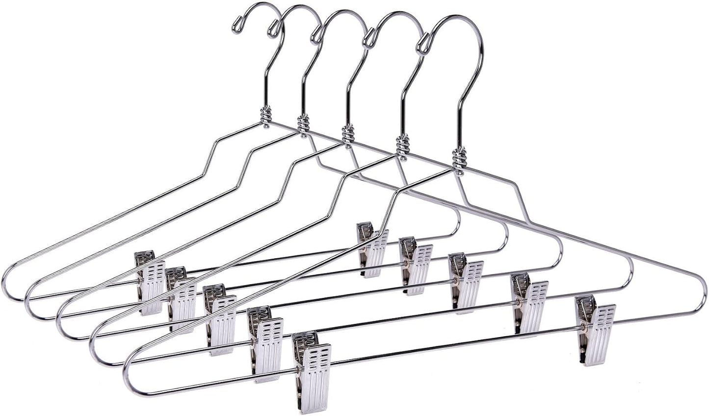 Quality Hangers Metal Skirt Hangers with Clips 10 Pack - Wire Pants Hangers with Swivel Hook - Heavy Duty Hangers for Jeans with Adjustable Metallic Clips - Ideal Clothing Hangers (10, 16")