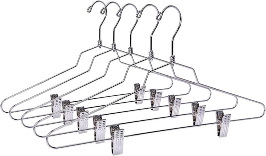 Quality Hangers Metal Skirt Hangers with Clips 10 Pack - Wire Pants Hangers with Swivel Hook - Heavy Duty Hangers for Jeans with Adjustable Metallic Clips - Ideal Clothing Hangers (10, 16")