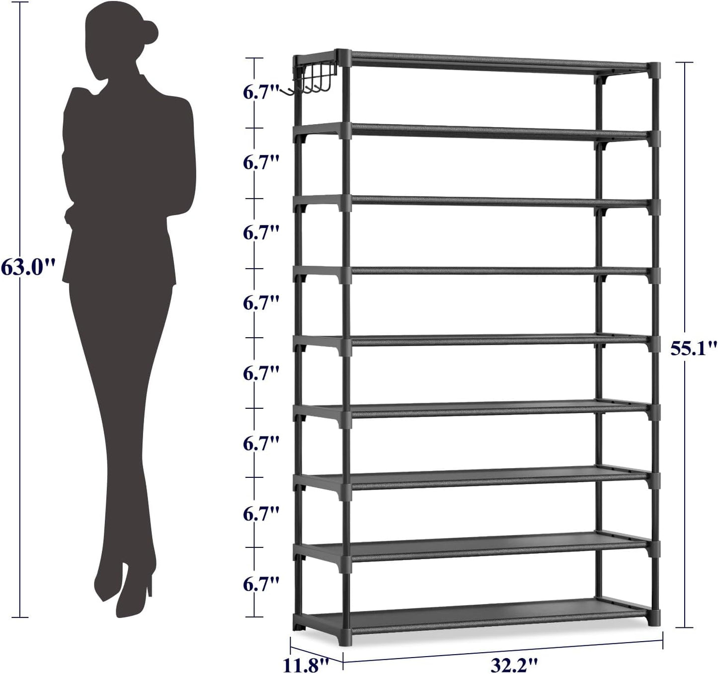 Kitsure Shoe Rack - 3-Tier Shoe Organizer, Shoe Rack for Closet, Entryway, Bedroom, Easy- Assembly Storage Shelf with Side Handles, 27.6" Wide - 3 Tiers, Grey