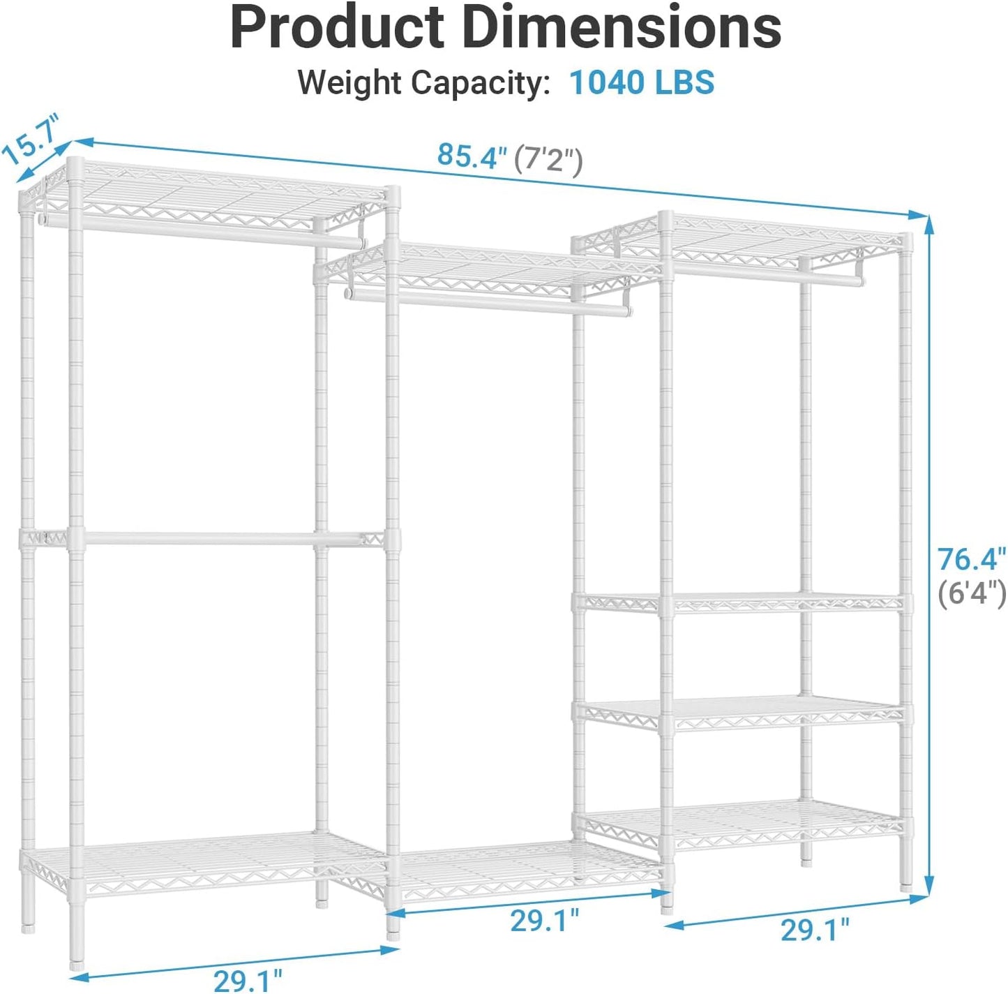 VIPEK V5 Heavy Duty Clothes Rack, Portable Closet Wardrobe with 4 Hanging Rods & 8 Shelves, Freestanding Adjustable Garment Rack for Bedroom, Walk-in Closet, 890 lbs Capacity, Black, 68.9" L
