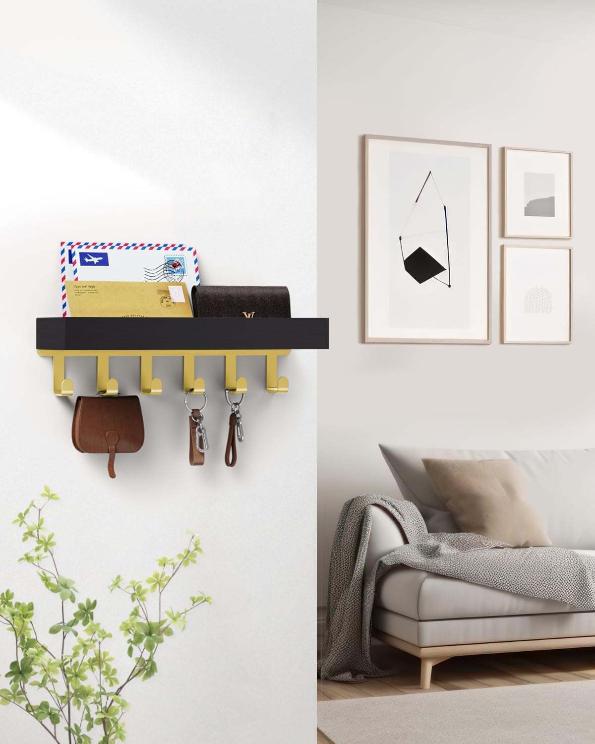 Key Holder Wall Mount Adhesive Magnetic - Hanging Key Hooks with Mail Organizer for Wallet House Accessories - Keys Hanger Rack with Shelf for RV Camper Entryway Door Home Living Room Decor Black