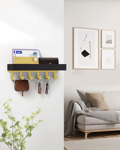 Key Holder Wall Mount Adhesive Magnetic - Hanging Key Hooks with Mail Organizer for Wallet House Accessories - Keys Hanger Rack with Shelf for RV Camper Entryway Door Home Living Room Decor Black