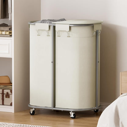 200L Double Laundry Hamper with Lid and Wheels, Large Oval Rolling Laundry Basket 2 section, Sturdy Metal Laundry Cart with 2 Removable Bags, Dirty Clothes Organizer for Home, Dorm, Black