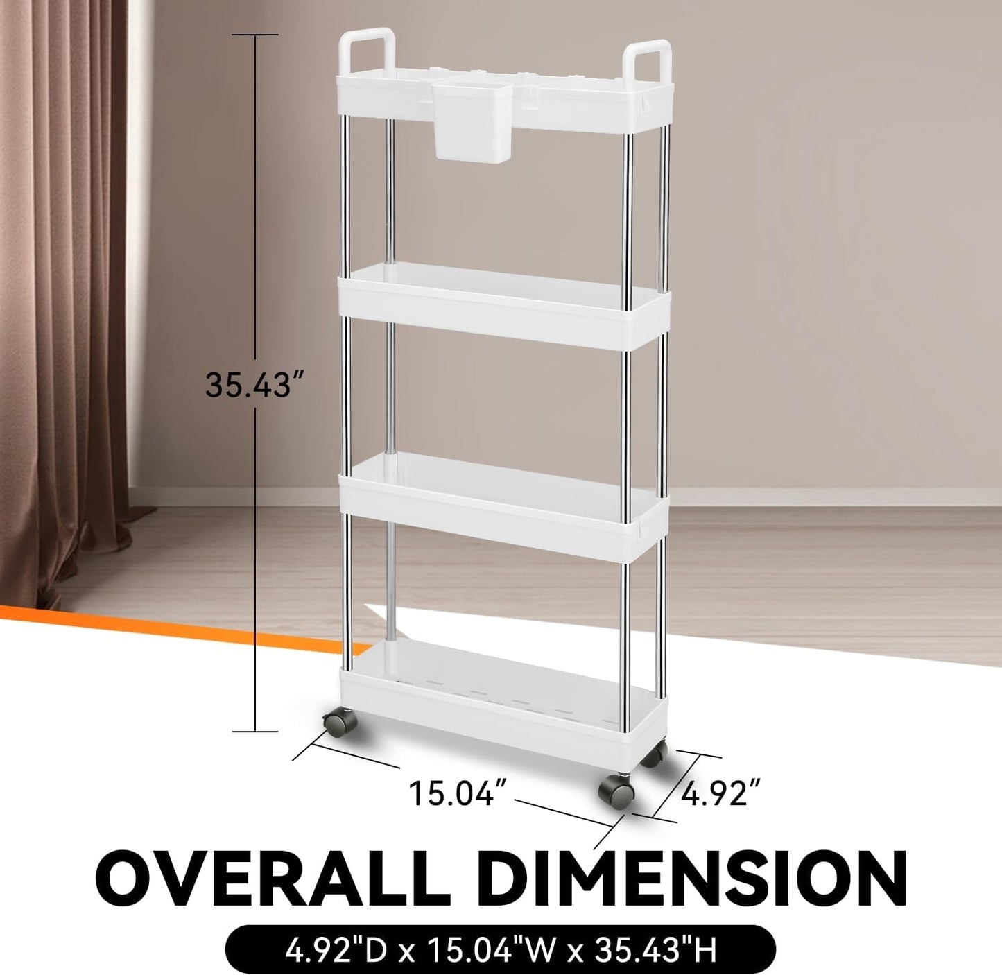 Auto Dynasty 3 Tier Slim Rolling Cart with Handle, Multifunction Utility Storage Rolling Cart, Movable Storage Organizer with Wheels for Office, Bathroom, Kitchen, Narrow Places (White)