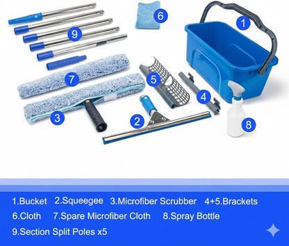 Window Cleaning Kit with 6ft Long Handle, 3 Gallon Bucket,14" Squeegee,15" Microfiber Scrubber,Spray Bottle, Cloth,Professional Window Washing Equipment Cleaner Tool for Outdoor Commercial Household
