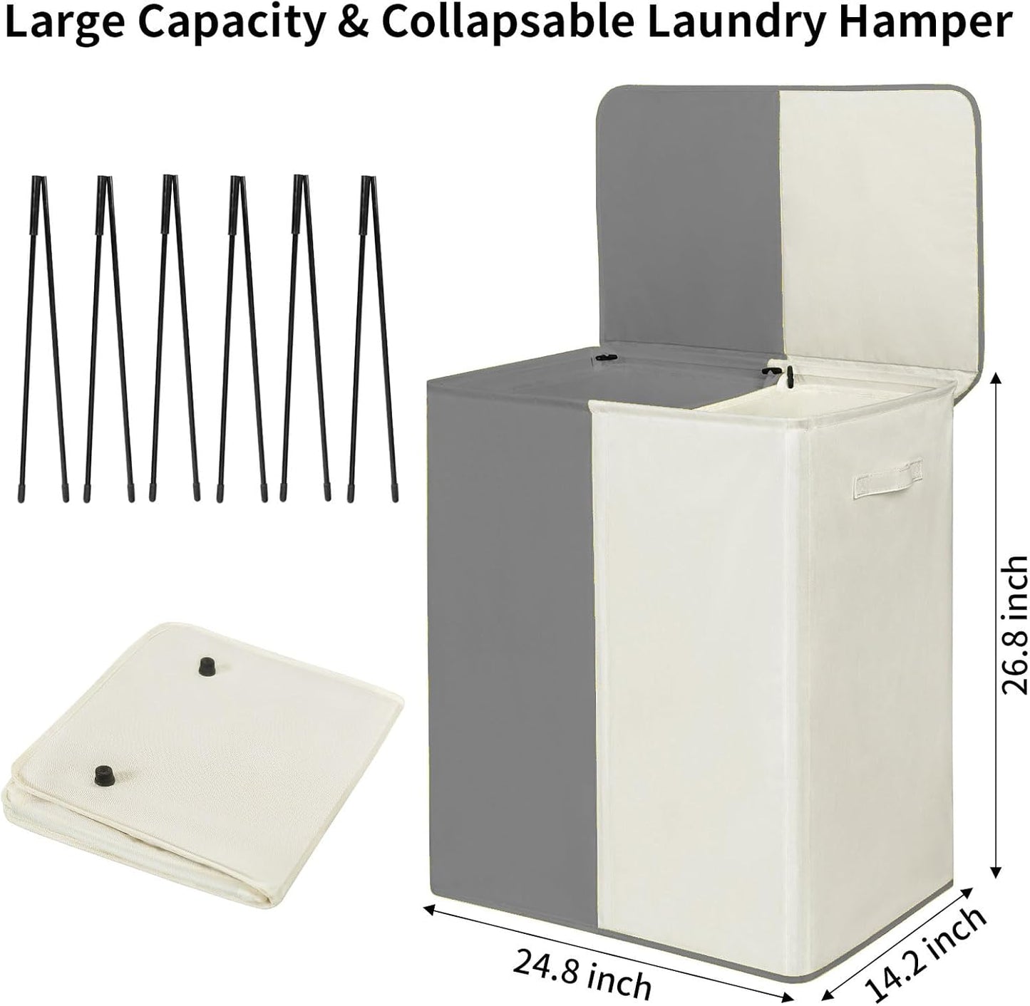 WOWLIVE Double Laundry Baseket with Lid and Removable Laundry Bags,154L Large Laundry Hamper 2 Section Collapsible Dirty Clothes Hamper for Laundry Room,College Dorm,Bathroom,Black and Beige