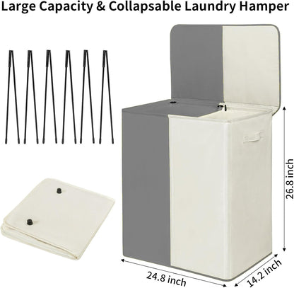 WOWLIVE Double Laundry Baseket with Lid and Removable Laundry Bags,154L Large Laundry Hamper 2 Section Collapsible Dirty Clothes Hamper for Laundry Room,College Dorm,Bathroom,Black and Beige