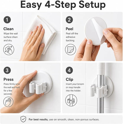 Broom and Mop Holder, Wall Mounted Round Clips, White ABS, No Drill Adhesive, 3 Pieces, Cleaning Tool Organizer for Kitchen, Bathroom, Garage