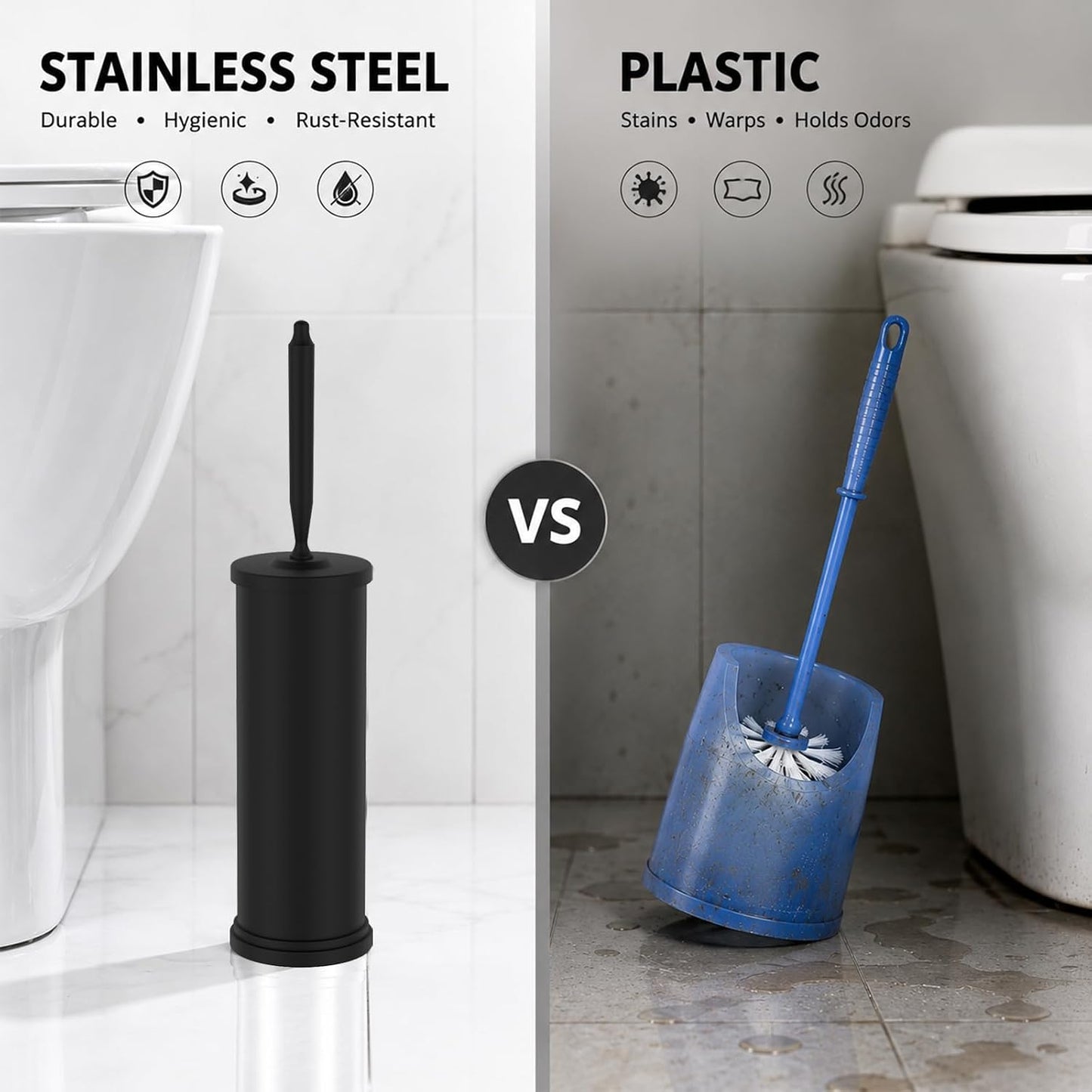 Stainless Steel Toilet Brush and Holder Set : Weighted Stable Base, Removable Inner Tube.Long Handle Toilet Bowl Brush Splash-Proof Design for Deep Cleaning & Space-Saving Storage,Nickel