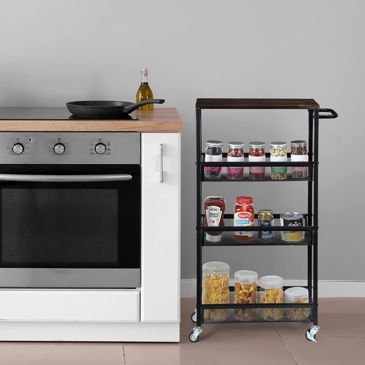 NANANARDOSO 4 Tier Slim Storage Cart, Shelving Unit for Small Space, Rolling Storage Cart with Wooden Top and Metal Handle for Narrow Space on Kitchen, Bathroom, Laundry Room, Black.