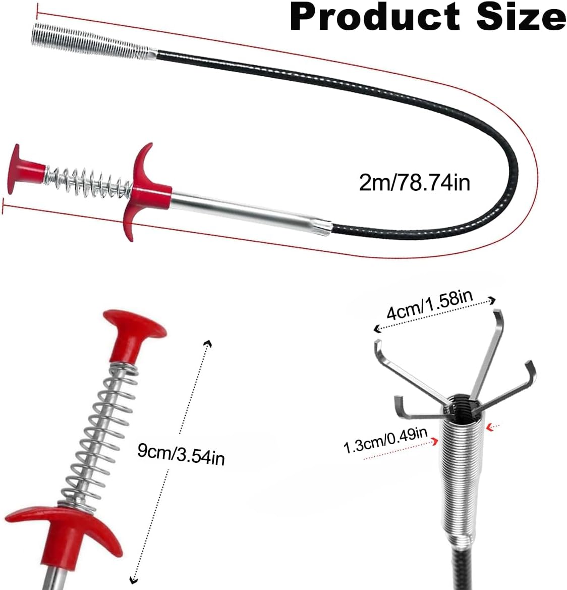 79 Inch Drain Snake Clog Remover Tool, 4-Claw Flexible Grabber for Hair in Toilet, Sink, Shower, Kitchen, Bath Tub & Sewer Drain Unclog (Black)