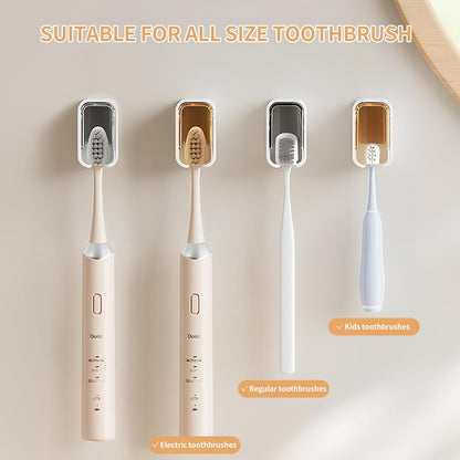 Wall Mounted Toothbrush Holders for Bathroom,Strong Self Adhesive Tooth Brush Holder with Cover, Toothbrush Heads Organizer for Family, 2 Pcs