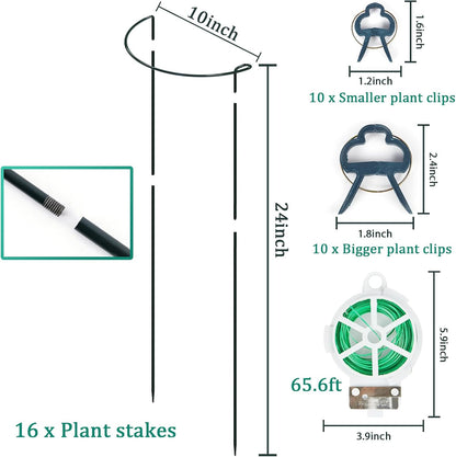 24 Pack Plant Support Stake, Half Round Metal Garden Plant Stake, Green Plant Support Ring, Border Support with Plant Lables & Plant Clips for Outdoor Indoor Plants, Vegetable, Flowers