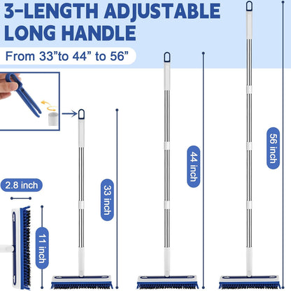 4-in-1 Floor Scrub Brush with Long Handle V-Shaped Crevice Brush Floor Scrubber Mop with Squeegee and Tweezer for Cleaning Gap Tile Bathroom Kitchen Patio Deck Garage