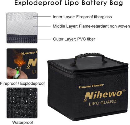 Lipo Safe Bag Fireproof Explosionproof Battery Bag Organizer - Large Capacity Lipo Guard Safe Pouch for Storage & Transportation & Charging with Durable Handle and Mesh Pocket