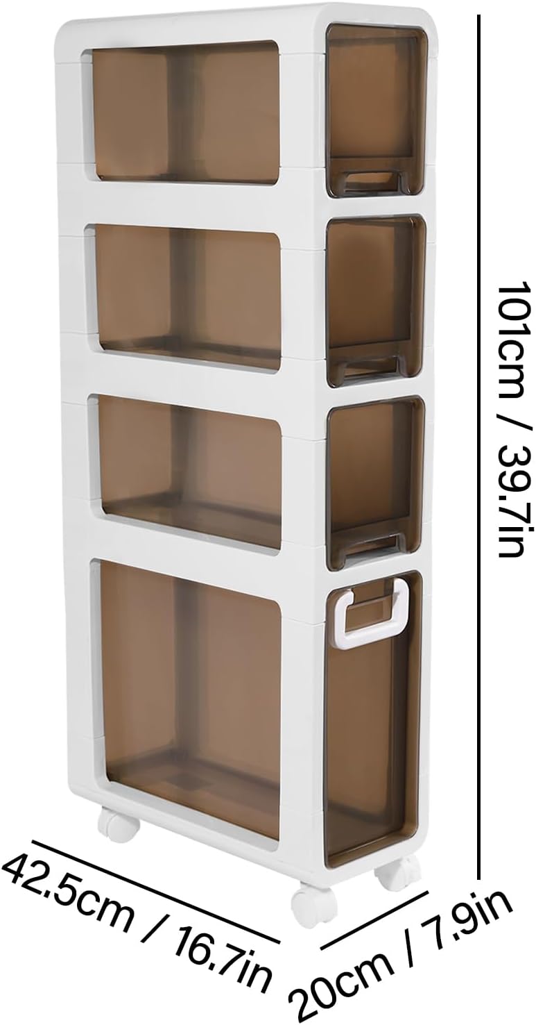 5-Tier Slim Bathroom Storage Cabinet,Narrow Floor Cabinets with Drawers and Wheels,Rolling Narrow Organizer for Small Spaces,Kitchen,Laundry,7.9”W