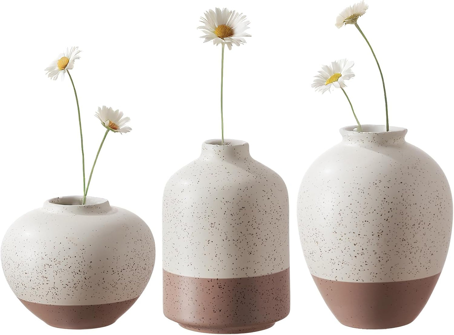 DN DECONATION Flower Vase Set of 3, Small Ceramic Vase Farmhouse Home Decor | Rustic Vases for Pampas Grass Dried Fresh Flowers, Living Room, Kitchen, Bedroom, Bathroom, Mantel Table Decor, Beige & Brown