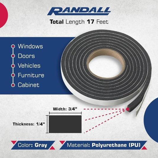 Grey Highly Compressable Foam Self Adhesive Weatherstrip (1/4" Thick x 3/4" Wide 17 FT Long). Foam Insulation Tape for use with Doors and Windows, Automotives, ACS and More