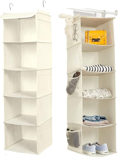 BrilliantJo 2 Pack Hanging Closet Organizer, 5 Shelves Hanging Storage with 6 Side Pockets for Clothes Shoes, 43"x12"x12"(Black)