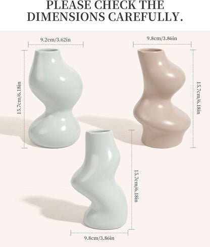 BosilunLife Decorative Vase Set of 3, Nested Curved Recycled Ceramic, Speckled Wabi-Sabi Home Decor, Modern Boho Centerpiece for Living Room Mantel & Office (Black & Grey)