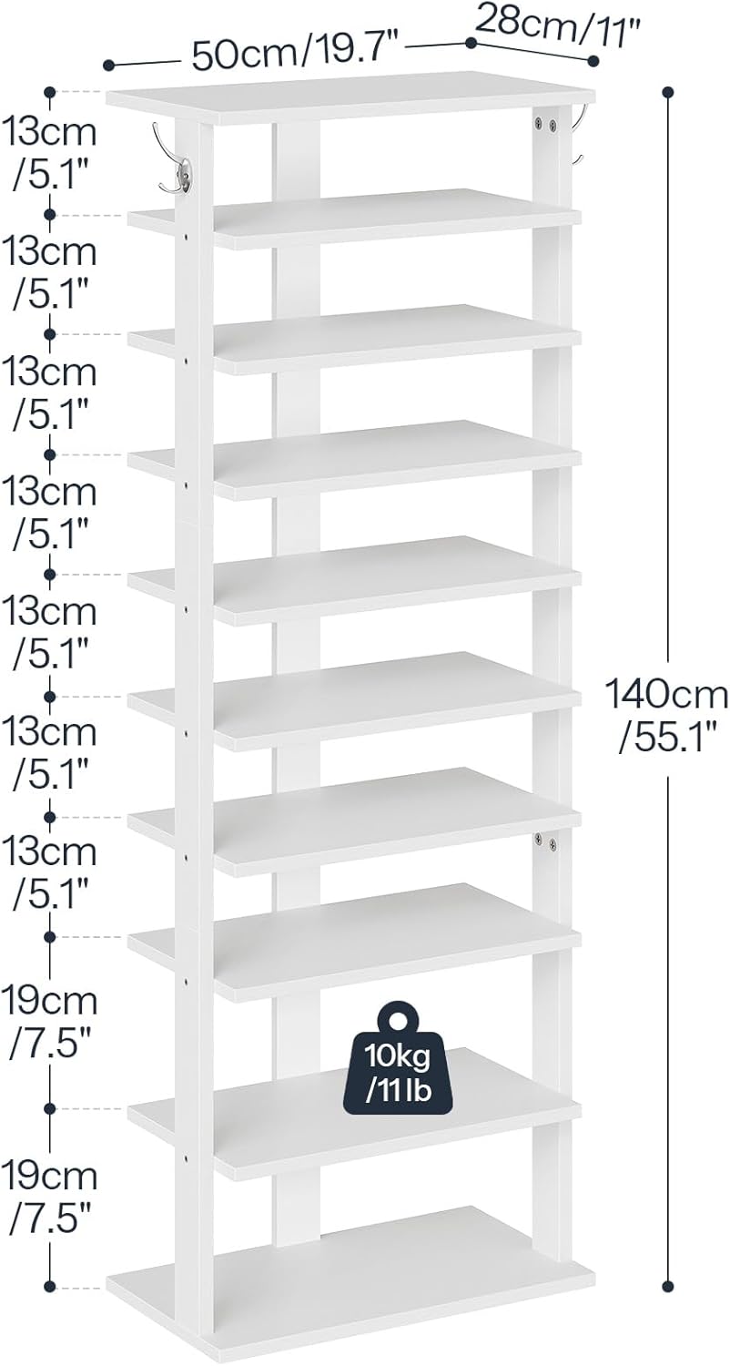 HOOBRO 8 Tiers Vertical Shoe Rack, Wooden Shoe Storage Organizer with Hooks, Narrow Shoe Tower for 8 Pairs, Space Saving, for Entryway, Living Room, Bedroom, Rustic Brown BF07XJ01G1