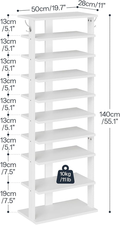 HOOBRO 8 Tiers Vertical Shoe Rack, Wooden Shoe Storage Organizer with Hooks, Narrow Shoe Tower for 8 Pairs, Space Saving, for Entryway, Living Room, Bedroom, Rustic Brown BF07XJ01G1