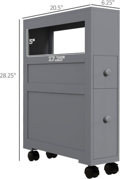 HOMCOM 6.25" x 20.5" x 28.25" Wood Rolling Narrow Bathroom Side Storage Cabinet - Gray